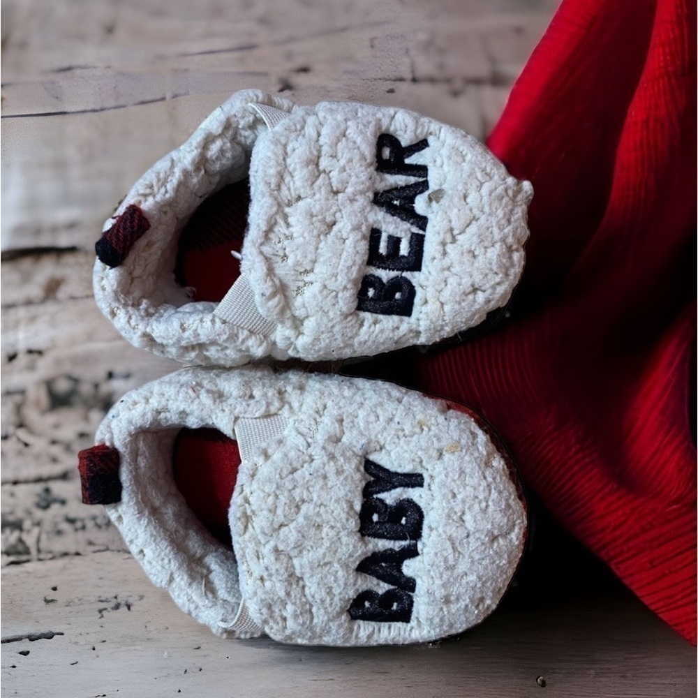 Baby Bear Teddy Slippers Sz 5 6 Tan Black Red Buffalo Plaid Christmas Matching